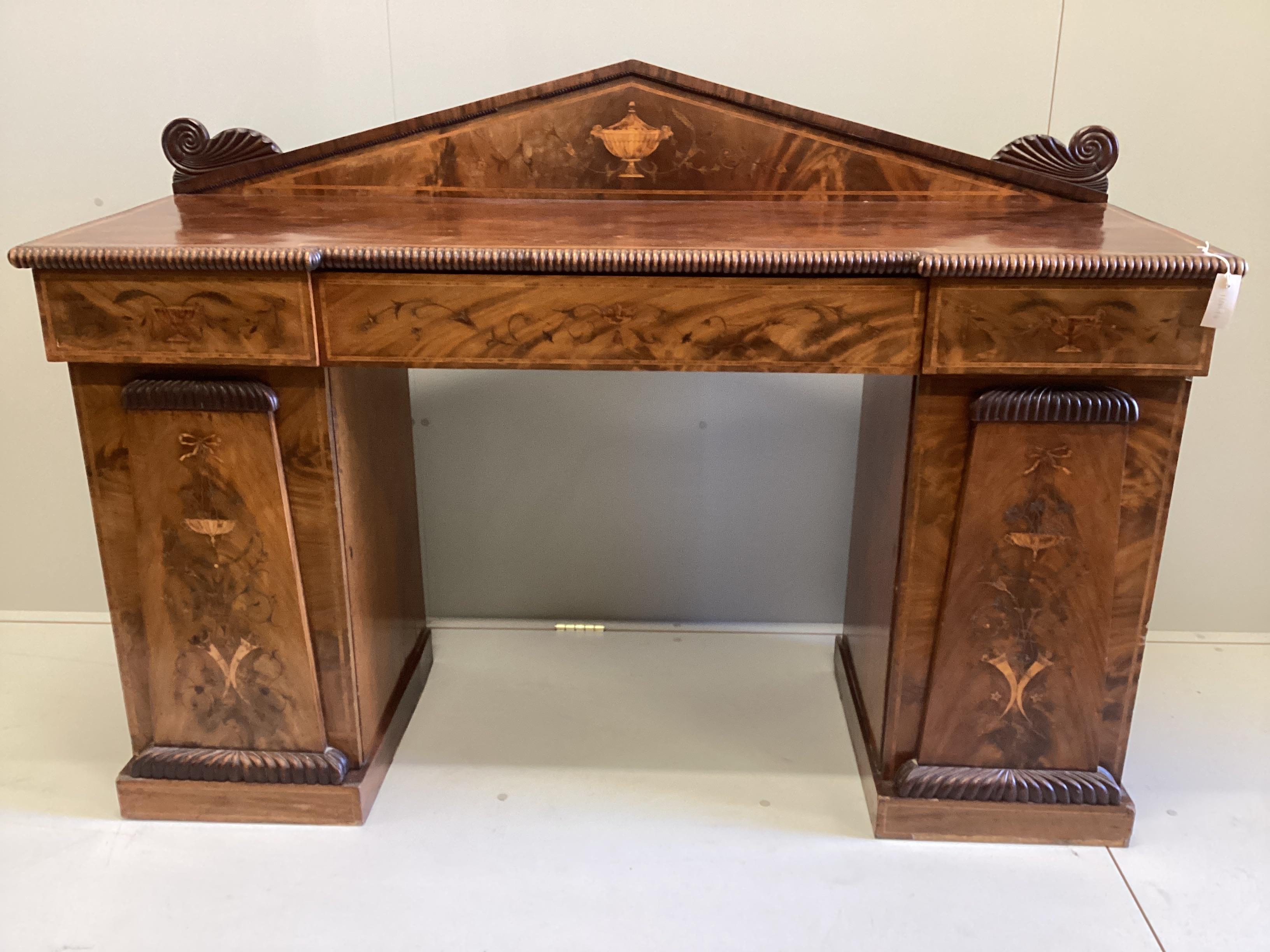 A William IV later marquetry inlaid mahogany pedestal sideboard, width 162cm, depth 54cm, height 126cm